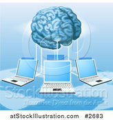 Vector Illustration of a 3d Brain Connected to a Network of Laptops Above a Map by AtStockIllustration