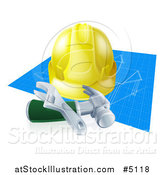 Vector Illustration of a 3d Builder Hardhat and Tools over Blueprints by AtStockIllustration