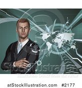 Vector Illustration of a 3d Businessman and World Map by AtStockIllustration