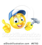 Vector Illustration of a 3d Carpenter Yellow Smiley Emoji Emoticon Face Giving a Thumb up and Holding a Hammer by AtStockIllustration