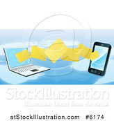 Vector Illustration of a 3d Cell Phone and Laptop Transfering Files over a Map by AtStockIllustration