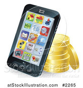 Vector Illustration of a 3d Cellphone Resting Against Gold Coins by AtStockIllustration