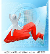 Vector Illustration of a 3d Cheering and Running Silver Man Running on an Arrow over a Chart on Blue by AtStockIllustration