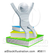 Vector Illustration of a 3d Cheering Silver Man Sitting on Books by AtStockIllustration