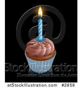 Vector Illustration of a 3d Chocolate Frosted Birthday Cupcake with a Lit Candle by AtStockIllustration