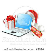 Vector Illustration of a 3d Christmas Laptop with a Hat Cracker Bauble and Gift by AtStockIllustration