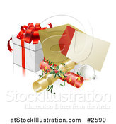 Vector Illustration of a 3d Christmas Party Invitation with Crackers Baubles and a Gift by AtStockIllustration