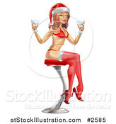 Vector Illustration of a 3d Christmas Pinup Woman Seated with Drinks on a Stool by AtStockIllustration