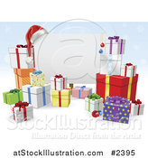 Vector Illustration of a 3d Christmas Sign with Gift Boxes over Blue Snowflakes by AtStockIllustration