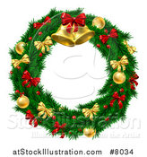 Vector Illustration of a 3d Christmas Wreath of Branches, Holly Berries, Gold and Red Baubles, Bows and Bells by AtStockIllustration