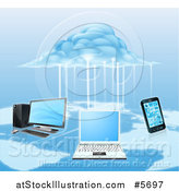 Vector Illustration of a 3d Cloud Electrifying a Network of Computers and a Cell Phone over a Map by AtStockIllustration