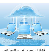 Vector Illustration of a 3d Cloud Electrifying a Network of Laptop Computers over a Map by AtStockIllustration