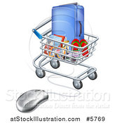 Vector Illustration of a 3d Computer Mouse Connected to a Shopping Cart Full of Luggage and Travel Items by AtStockIllustration