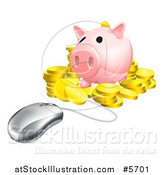 Vector Illustration of a 3d Computer Mouse Wired to a Piggy Bank with Gold Coins by AtStockIllustration