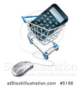 Vector Illustration of a 3d Computer Mouse Wired to a Shopping Cart with a Calculator by AtStockIllustration