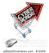 Vector Illustration of a 3d Computer Mouse with a Marquee Arrow Sign with Cyber Monday Sale Text in a Shopping Cart by AtStockIllustration