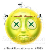 Vector Illustration of a 3d Dead Rotting Smiley Emoji Emoticon Face with Flies by AtStockIllustration