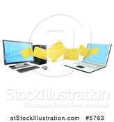 Vector Illustration of a 3d Desktop and Laptop Computer Transfering Files for Backups by AtStockIllustration