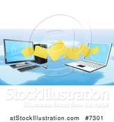 Vector Illustration of a 3d Desktop and Laptop Computer Transfering Files for Backups over a Map by AtStockIllustration