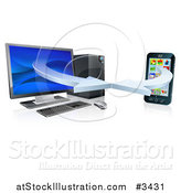 Vector Illustration of a 3d Desktop Computer and Cell Phone Syncing Together by AtStockIllustration