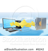 Vector Illustration of a 3d Desktop Computer Moving Files to an Open Vault Safe over a Map by AtStockIllustration