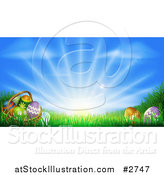 Vector Illustration of a 3d Easter Basket and Eggs Set in Ggrass Under a Blue Sky with Sunshine by AtStockIllustration
