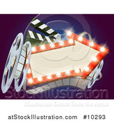 Vector Illustration of a 3d Film Reel, Clapperboard and an Illuminated Arrow Sign over Blue by AtStockIllustration