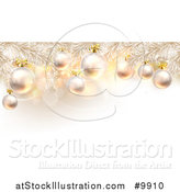 Vector Illustration of a 3d Flocked Christmas Tree Branches with Baubles over Snowflakes and Flares by AtStockIllustration