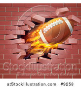 Vector Illustration of a 3d Flying and Blazing American Football with a Trail of Flames, Breaking Through a Brick Wall by AtStockIllustration