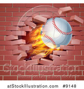 Vector Illustration of a 3d Flying and Blazing Baseball with a Trail of Flames, Breaking Through a Brick Wall by AtStockIllustration