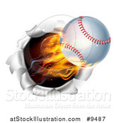 Vector Illustration of a 3d Flying and Blazing Baseball with a Trail of Flames, Breaking Through a Wall by AtStockIllustration