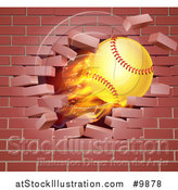 Vector Illustration of a 3d Flying and Blazing Softball with a Trail of Flames, Breaking Through a Brick Wall by AtStockIllustration