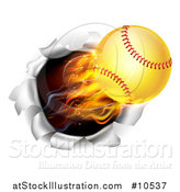 Vector Illustration of a 3d Flying and Blazing Softball with a Trail of Flames, Breaking Through a Wall by AtStockIllustration