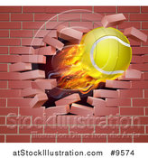 Vector Illustration of a 3d Flying and Blazing Tennis Ball with a Trail of Flames, Breaking Through a Brick Wall by AtStockIllustration