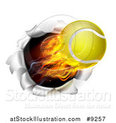 Vector Illustration of a 3d Flying and Blazing Tennis Ball with a Trail of Flames, Breaking Through a Wall by AtStockIllustration