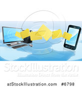 Vector Illustration of a 3d Folder File Transfer from a Desktop Computer to a Smart Cell Phone over a Map by AtStockIllustration