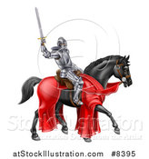 Vector Illustration of a 3d Full Armored Medieval Knight on a Black Horse, Holding up a Sword by AtStockIllustration
