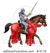 Vector Illustration of a 3d Full Armored Medieval Knight on a Brown Horse, Holding a Sword by AtStockIllustration