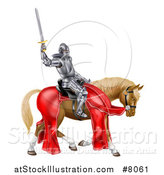 Vector Illustration of a 3d Full Armored Medieval Knight on a Brown Horse, Holding up a Sword by AtStockIllustration