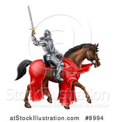 Vector Illustration of a 3d Full Armored Medieval Knight on a Brown Horse, Holding up a Sword by AtStockIllustration