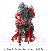 Vector Illustration of a 3d Fully Armored Jousting Knight Charging Forward with a Lance on a Black Horse by AtStockIllustration