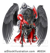 Vector Illustration of a 3d Fully Armored Medieval Jousting Knight Holding a Lance on a Black Pegasus Horse As They Charge Forward by AtStockIllustration