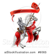 Vector Illustration of a 3d Fully Armored Medieval Knight on a Rearing White Horse, Holding a Banner Ribbon on a Spear by AtStockIllustration
