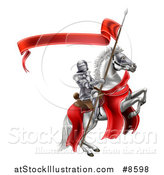 Vector Illustration of a 3d Fully Armored Medieval Knight on a Rearing White Horse, Holding a Spear Flag by AtStockIllustration