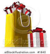 Vector Illustration of a 3d Gift Box by a Golden Shopping Bag Full of Presents by AtStockIllustration