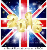 Vector Illustration of a 3d Gold 2016 New Year Burst and Fireworks over a Union Jack Flag by AtStockIllustration