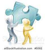 Vector Illustration of a 3d Gold and Silver Men Carrying a Large Solution Puzzle Piece by AtStockIllustration