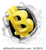 Vector Illustration of a 3d Gold Bitcoin Currency Symbol Breaking Through a Hole in a Wall by AtStockIllustration