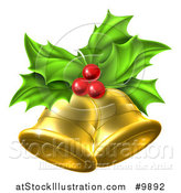 Vector Illustration of a 3d Gold Christmas Bells Holly and Berries by AtStockIllustration