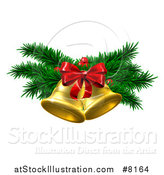 Vector Illustration of a 3d Gold Christmas Bells with Branches and Bow by AtStockIllustration